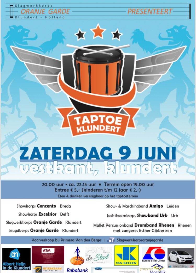 #taptoe #klundert zaterdag 9 juni aanvang 20.00 uur met o.a. <a href="/showbandurk/">Showband Urk</a> <a href="/OranjeG/">OranjeGarde Klundert</a> <a href="/AmigoLeiden/">AMIGO Leiden</a> <a href="/DbrRhenen/">mallet-percussionband Drumband Rhenen</a> Showkorpsen Concento Breda en Excelsior Delft. <a href="/Korpsmuziek_nl/">Korpsmuziek_nl</a> <a href="/Taptoes_nl/">Taptoes.nl</a> <a href="/taptoeagenda/">Taptoeagenda</a>