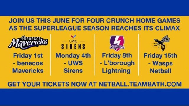How are we near the end of the season already?! We’ll be there supporting <a href="/TeamBathNetball/">Team Bath Netball</a> , anyone who’s not been, get your tickets, you won’t be disappointed 💙💛 #teambath #netball
