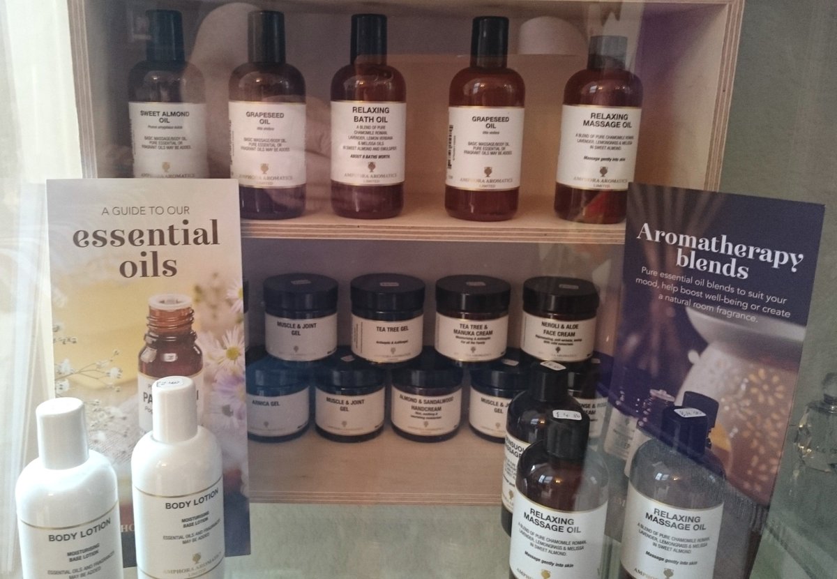 In our WellBeing Shop this month we have Amphora Products;
Pure Essential Oils &amp; Sundries:
Lemon £3.40, Tea tree £3.00, Bergamot £4.20, Eucalyptus £2.40, Geranium £6.00, Ylang Ylang   £4.80, Orange £2.40, Patchouli £6.00, Peppermint £3.00, Rosemary £3.00, Grapefruit £3.20, etc.