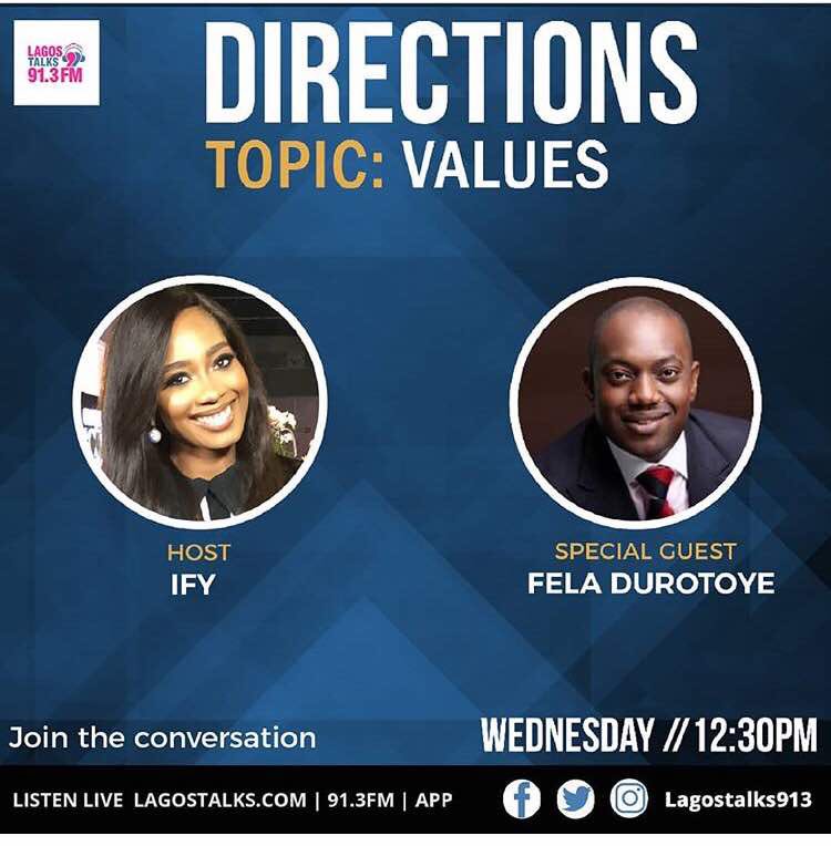 feladurotoye's tweet photo. Please join me today from noon as I join Ify on @LagosTalks913 as we talk about values on the midday show. 
Do tune in if you can.
#ANewNigeria 
#RunningForANewNigeria 
#BringOurValuesBack https://t.co/D4ZRZCkYej