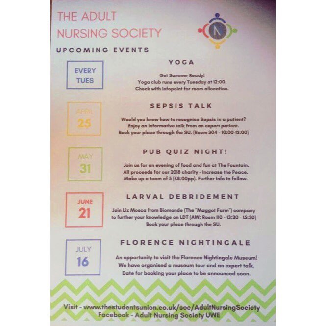 Upcoming events! #yoga #lavaldebridement #pubquiz #increasethepeace #charity #florencenightingale #comingup #ans #adultnursing
