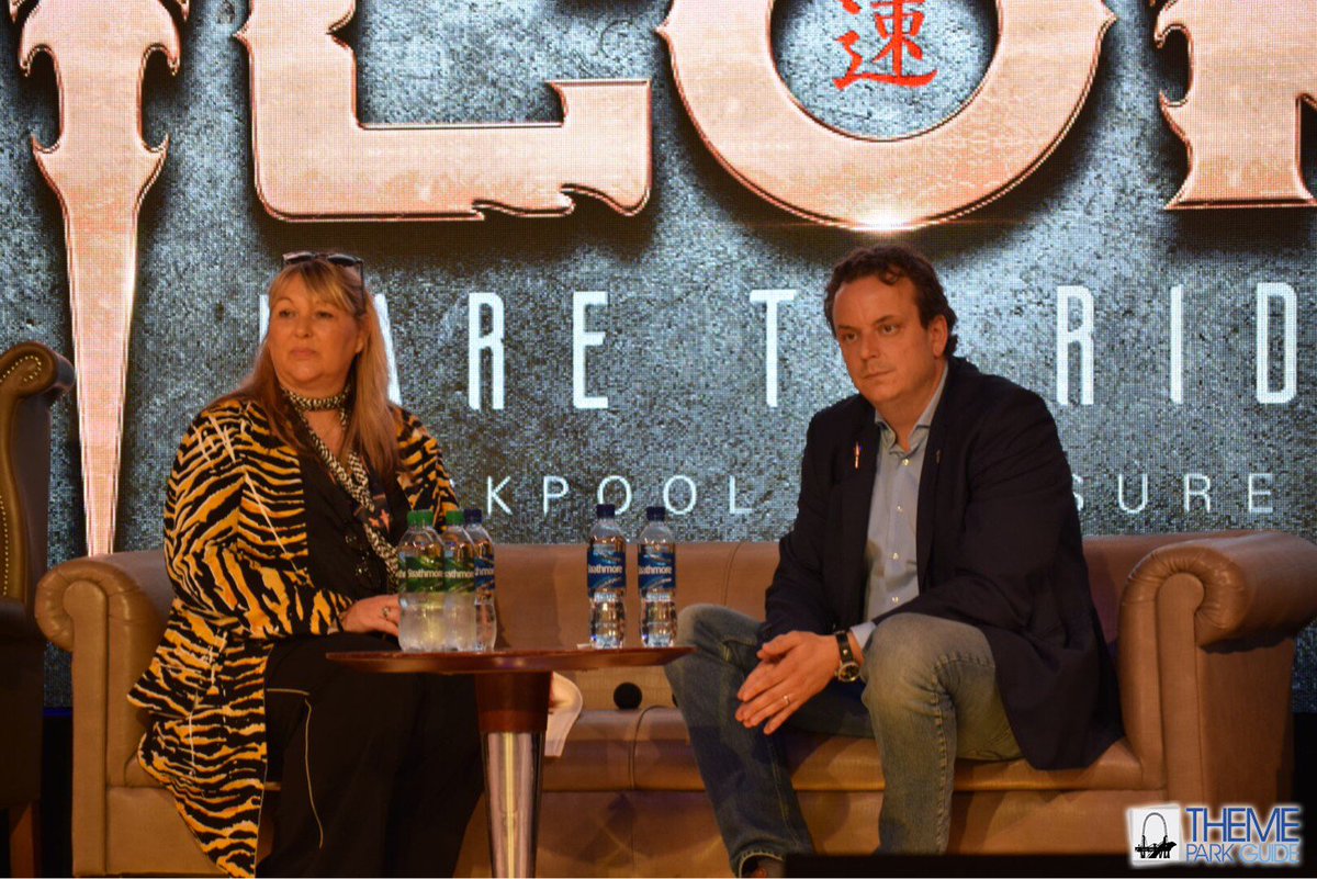 ThemeParkGuide's tweet photo. Amanda Thompson OBE and Michael Mack on stage. Broadcasting live at: https://t.co/p4aPZ19Ox4 #BlackpoolPleasureBeach #BPB #Icon #MackLaunch #Mack https://t.co/Q4XJKmtAv5
