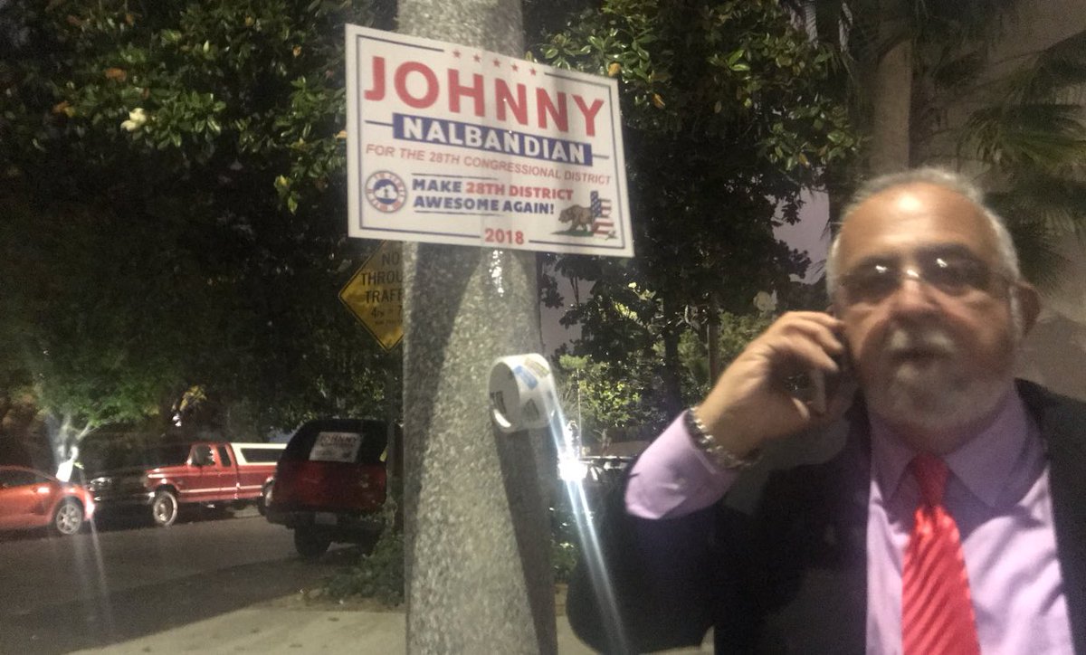 almostjingo's tweet photo. Just ran into @Johnny_Congress putting up signs, while talking to a constituent about immigration at 10:30pm! This man is the real deal and he loves our country 🇺🇸 Only time I’ve seen #FullOfSchiff is on TV (lying) #TakeBackCalifornia #VOTERED #CA28 #Vote4Johnny https://t.co/XqMVdGOjHQ
