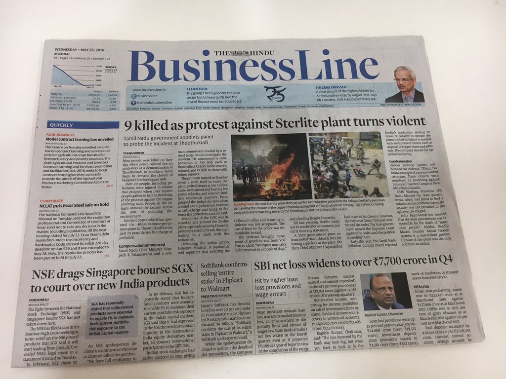 sameerhashmi's tweet photo. Really startling to see that the top 3 Business Newspapers decide not to carry the #SterliteProtest story on their front page.People died protesting against one of the largest Corporates in India, and yet it doesn't get front page coverage in most of the pink papers! #Thoothukudi https://t.co/LiPE59CmhS