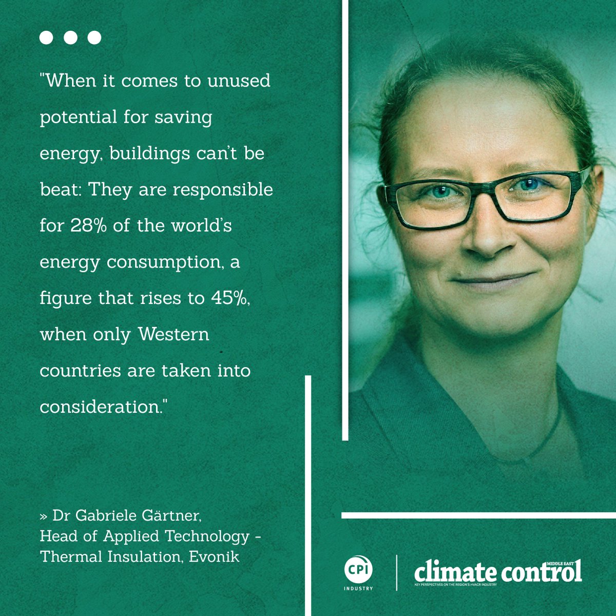 ccmenews's tweet photo. Quote of the day, by Dr. Gabriele Gartner, Head of Applied Technology - Thermal Insulation, @Evonik.
Follow us on LinkedIn: https://t.co/kNYtyDSzuL
#HVACR #ClimateControlMiddleEast https://t.co/lBsSLqIOCT