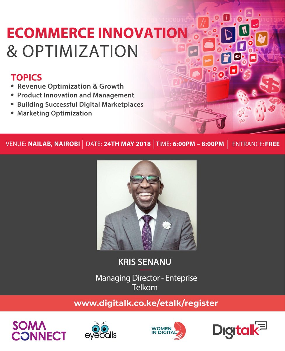 Kris Senanu, Managing Director – Enterprise, Telkom will be speaking on revenue optimization and growth at the E- Talk on 24th May at <a href="/thenailab/">Nailab</a> from 6:00PM register digitalk.co.ke/etalk/register <a href="/TelkomKenya/">Telkom Kenya</a>