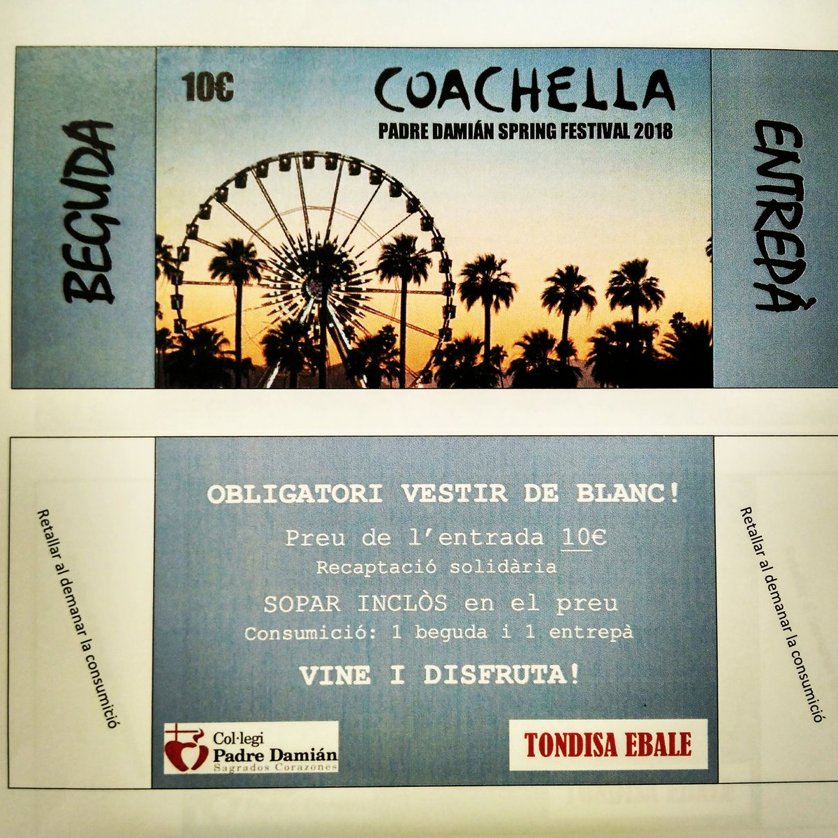 PadreDamianSSCC's tweet photo. Aquest divendres celebrem el @coachellafestsscc de 20 a 23h a l'escola 🎶🎉! Cada dia, de 11 a 11.30h podeu comprar la vostra 🎫 al pati! 10💶 solidaris que us permetran gaudir d'una bonica vetllada i d'un bon sopar! Us hi esperem a tots #ESOPD #tondisaebale #solidaritat https://t.co/Rb9eW9kIJ5