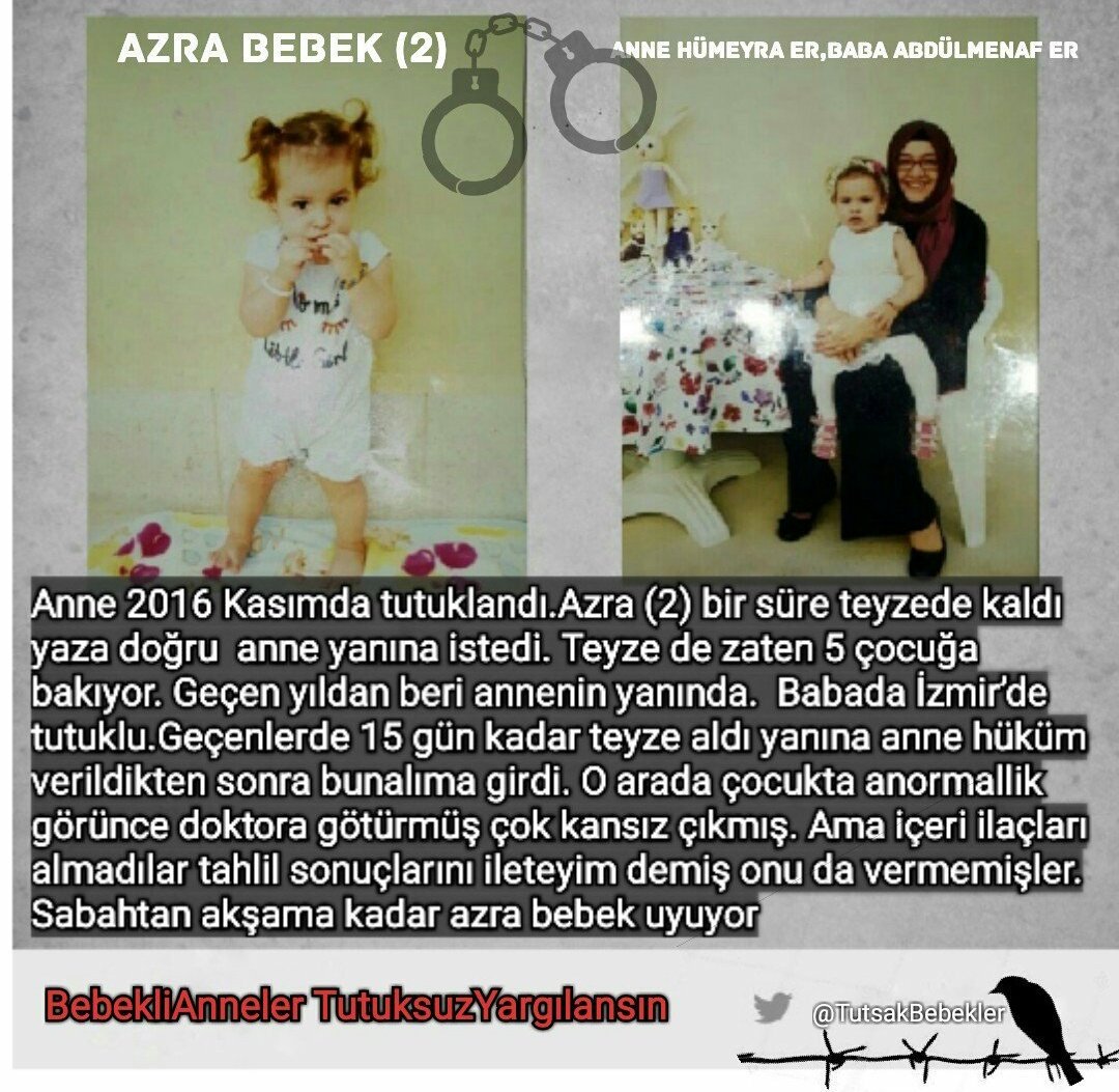 Cezaevinde büyüyen bir BEBEK daha!!!

1 senedir annesinin yanında cezaevinde kalıyor,

Cezaevi koşullarından dolayı kansız olduğu ortaya çıktı,

Sabahtan akşama kadar Minik Azra uyuyor,

İlaçları içeri alınmamış @TacettinUral ?

<a href="/gergerliogluof/">Ömer Faruk Gergerlioğlu</a>