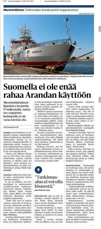 kaimyrberg1's tweet photo. Kansallinen häpeä: Merentutkimusalus Aranda korjattiin 15 miljoonalla, mutta SYKEn pienenevän budjetin takia laivaa ei ole varaa käyttää. Toisin sanoen "leikkaus onnistu hyvin, mutta potilas kuoli" https://t.co/S3EZNO3wH4