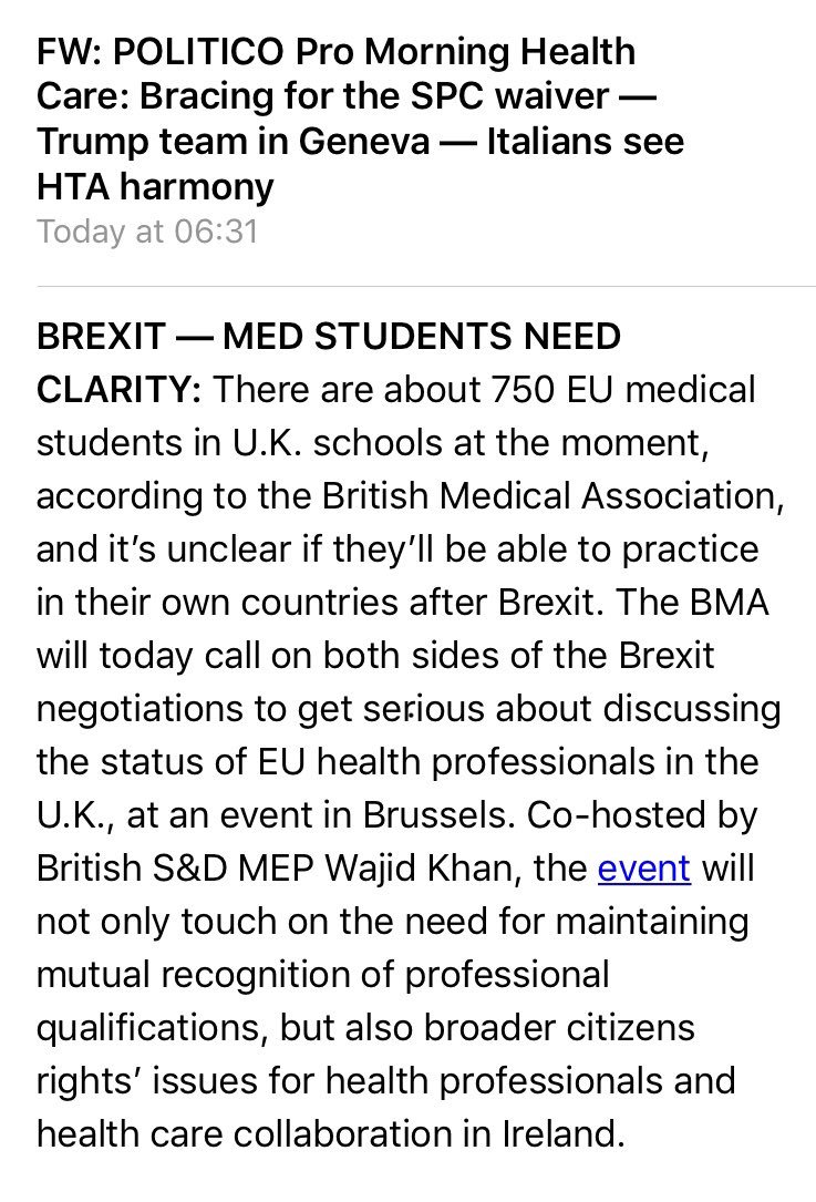 In Brussels today speaking at <a href="/Europarl_EN/">European Parliament</a> event cohosted by <a href="/theBMA/">The BMA</a> and MEP Wajid Khan on impact of #brexit on the Pan-European medical workforce. Great coverage already this morning  from Politico. <a href="/ejdpwg/">EJD</a> @BMA_JuniorDocs <a href="/BMAstudents/">BMA Students</a>