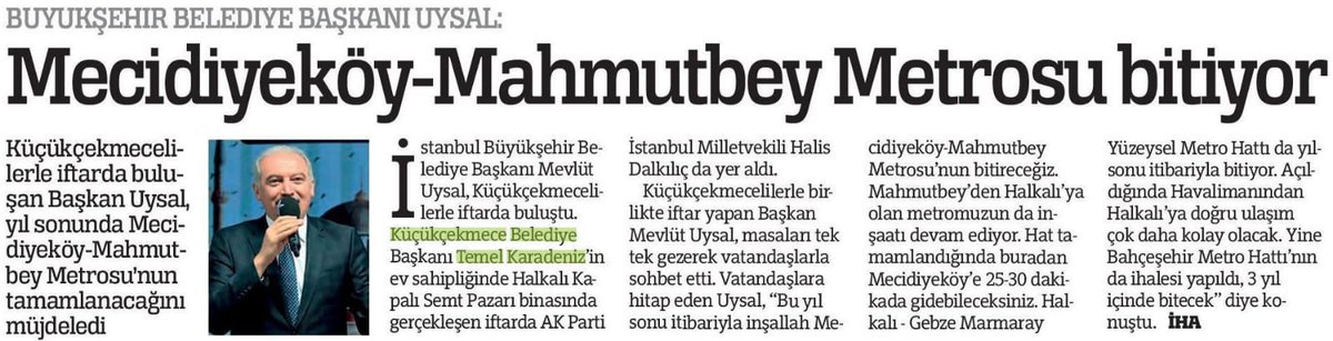 İstanbul Büyükşehir Belediye Başkanımız Sayın Mevlüt Uysal'ın Küçükçekmece'deki metro hatları hakkındaki açıklamalarının ulusal basına yansımaları. <a href="/mevlutuysal_bsk/">Mevlüt Uysal</a> <a href="/Haberturk/">Habertürk</a> <a href="/yenisafak/">Yeni Şafak</a> <a href="/Aksam/">Akşam Gazetesi</a>