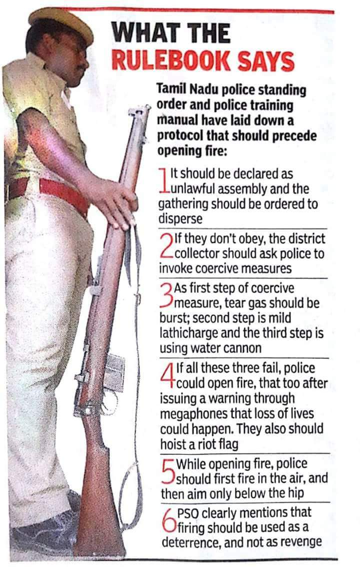 Ahmedshabbir20's tweet photo. Clearly #TNPolice has violated all rules while handling #SterliteProtest #Thoothukudi This is what the rule book says!! Then why snipers &amp; assault rifles were used against innocent civilians? https://t.co/EbU0B7Juuk