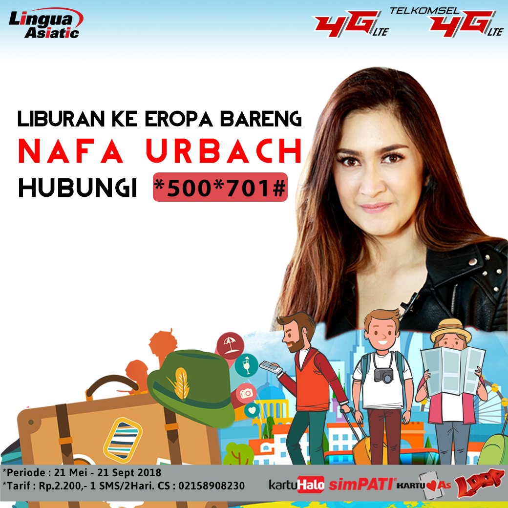Lingua_Asiatic's tweet photo. Mau Liburan Gratis ke EROPA, caranya Gampang banget:
1. Berlangganan layanan Nafa Urbach dari awal sampai akhir periode dengan menghubungi *500*701#
2. Kirimkan curhatanmu melalui Twitter/Instagram dengan mention @lingua_asiatic @nafaurbachOFC dan hashtag #TelkomselNafa https://t.co/xjkP3Bmnrv