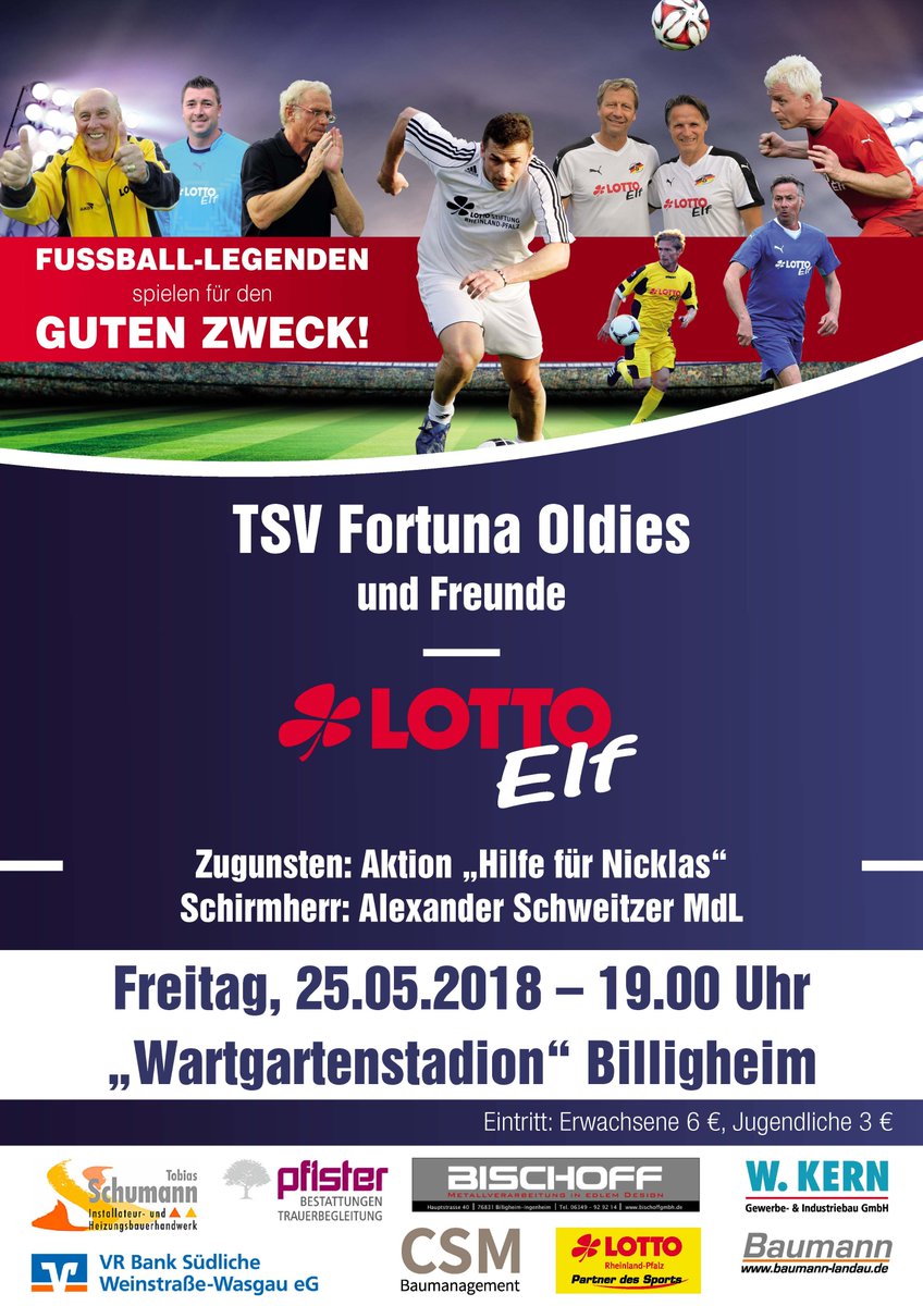 SWFVonline's tweet image. Der TSV Fortuna #Billigheim-Ingenheim veranstaltet am 25.05.2018 um 19:00 Uhr ein Freundschaftsspiel zwischen den TSV Fortuna Oldies und der Lotto-Elf zugunsten der Aktion: "Hilfe für Nicklas"

#LottoElf #Lotto @lottorlp