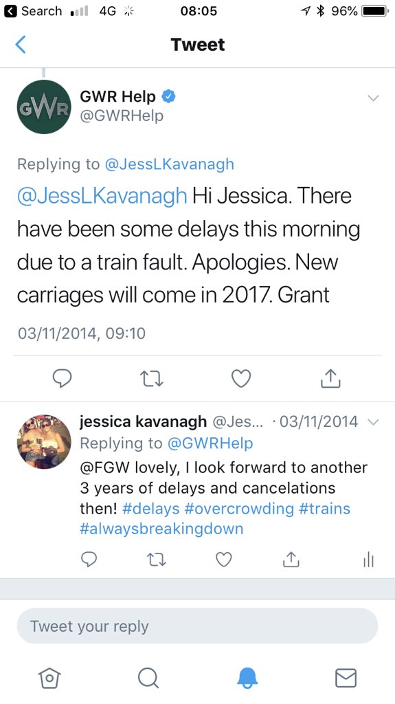 JessLKavanagh's tweet photo. @GWRHelp 3 and a half years later same rubbish trains that break down all the time causing cancellations and no sign of the promised new carriages so no doubt nobody getting here at Crowthorne will actually fit into this next train! #traincancellations https://t.co/bBUCCE4QNE