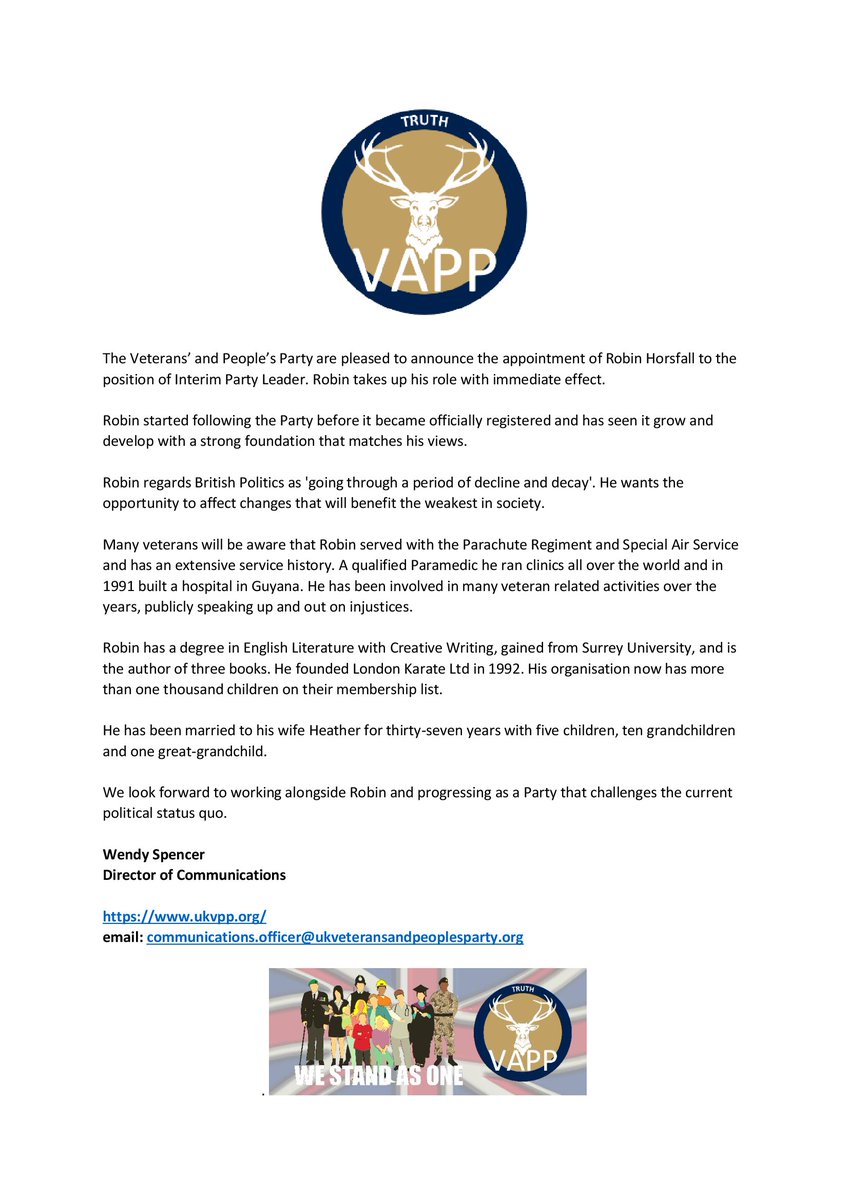 OfficialVandPP's tweet image. The Veterans&apos; and People&apos;s Party announce their new Party Leader @RobinHorsfall #politics #westandasone #veterans #veteransuk #VetNet #jointoday UKVPP.org #vapp #Politics #news #justcommonsense #RetweeetPlease #letsdothis #TimeForChange