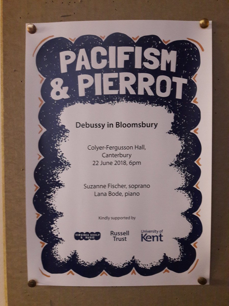 vwoolf2018's tweet photo. The posters are up for the Pacifism and Pierrot concert taking place at #Woolf2018 #notlongnow #bloomsbury #debussy @woolfmusic https://t.co/Av7Er3qV56