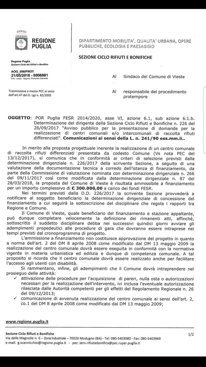 GNobiletti's tweet photo. Dalla Regione Puglia 300.000 euro per la costruzione del centro comunale di raccolta. Con la realizzazione di quest'opera il Comune di Vieste potra' attivare un servizio di raccolta differenziata degno di questo nome.@OndaradioGargan @corrmezzogiorno @IlMattinoFoggia @GarganoTv https://t.co/vQWxJaEyA4