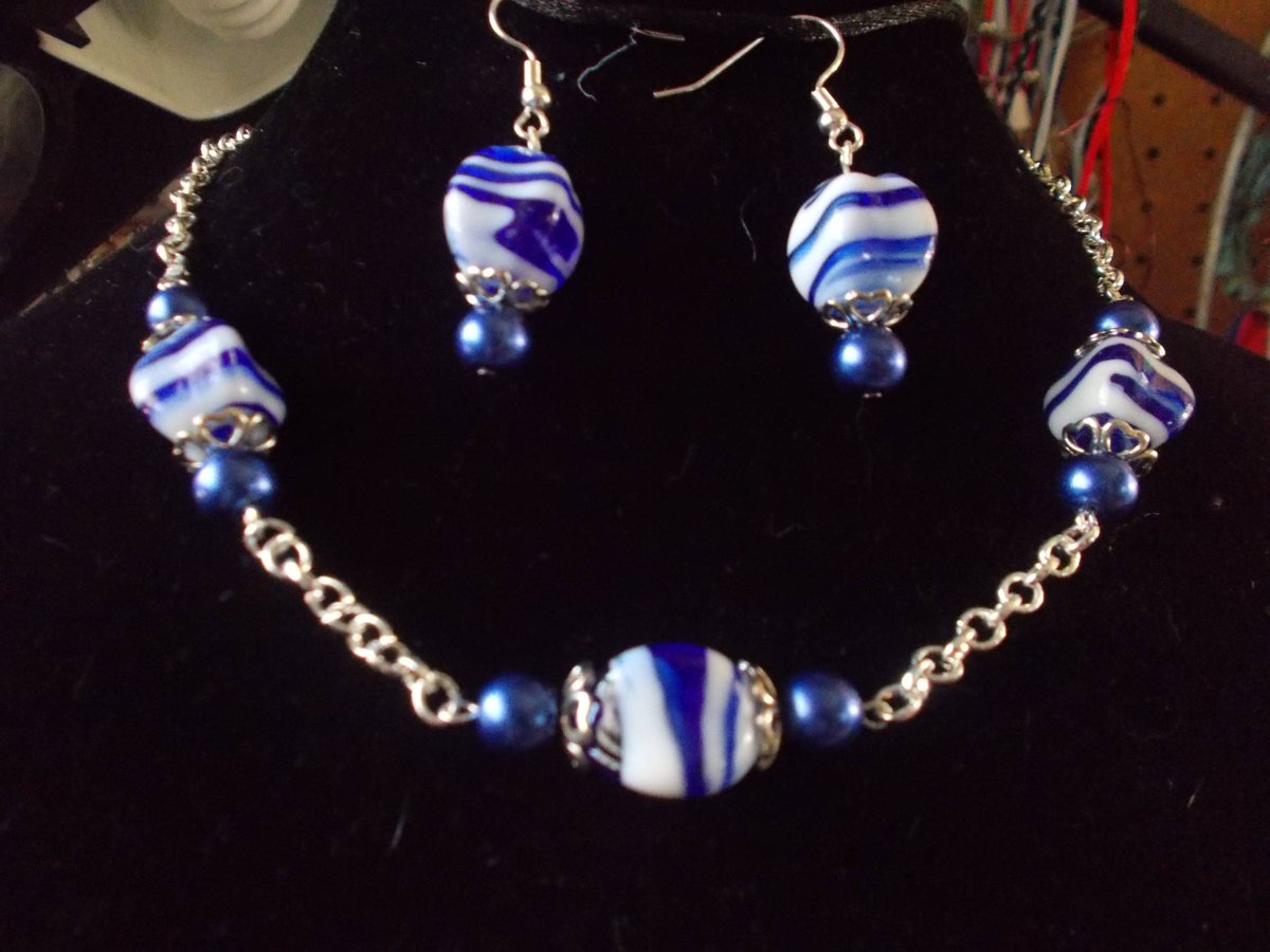 Blue and White Stripe Necklace and Earrings / Ceramic Beads / Blue Beads / White Beads / Gift for Her / Womens Gift / All Occasion Gift etsy.me/2nkBXOK #SilverandStoneGifts #Etsy #NecklaceEarringSet