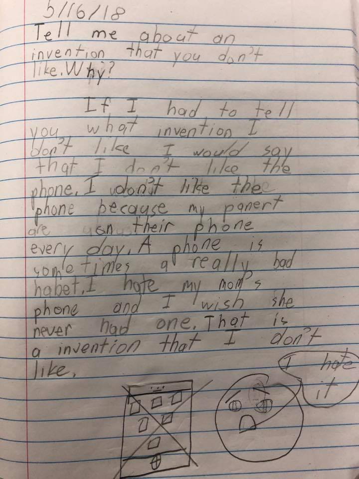 2nd graders write about an invention that they wish had never been created. Out of 21 students, 4 of them wrote about this topic 😥

#getoffyourphone
#listentoyourkids