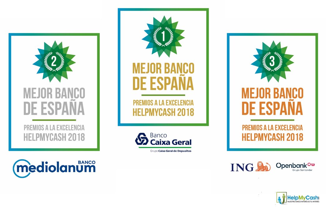 Felicidades a @BancoCaixaGeral, <a href="/BancoMediolanum/">Banco Mediolanum</a>, <a href="/ING_es/">ING España</a> y <a href="/openbank_es/">Openbank</a>, escogidos los mejores bancos de España y ganadores de los Premios HelpMyCash a la Excelencia Bancaria de 2018. Podéis ver a todos los ganadores aquí: bit.ly/2x79seO