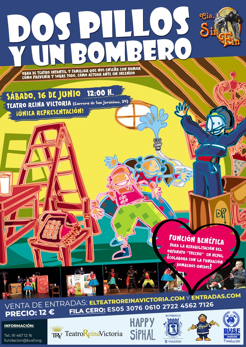 bomberosunidos's tweet photo. RT El 16 de junio, @treinavictoria @ciasinfin y la Fundación @bomberosunidos traemos “Dos Pillos y un Bombero”, obra infantil y familiar que nos enseña con humor cómo prevenir y actuar ante un #incendio. El 100% de la recaudación se destinará al orfanato “Thechu”, en #Nepal ¡Ven! https://t.co/LWudRFsssN