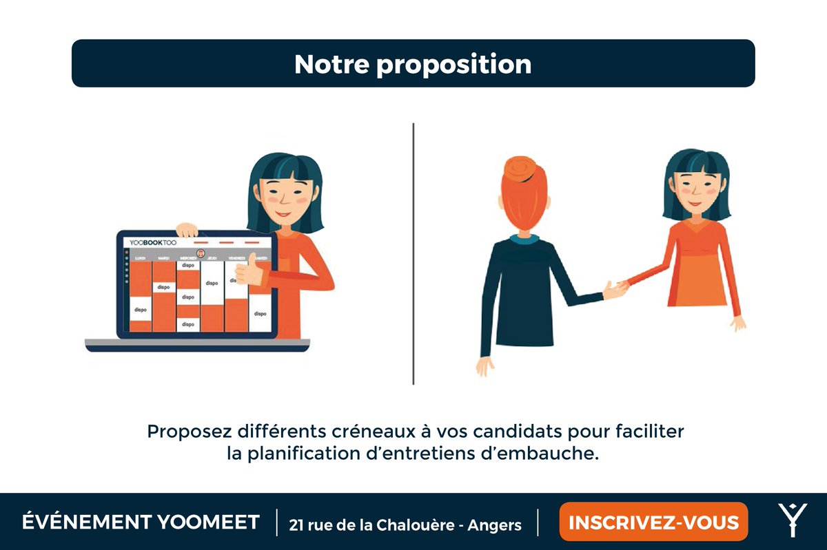 YOOBOOKTOO's tweet photo. Idée reçue n°2 | Nous proposons de planifier vos entretiens.

Vous programmez vos entretiens et vous envoyez via une URL unique au candidat souhaité. 
YOOMEET, vous permet de choisir les disponibilités que vous souhaitez mettre en ligne pour vos candidats.

#RH #event #11juin https://t.co/j4lyO7WZ4i