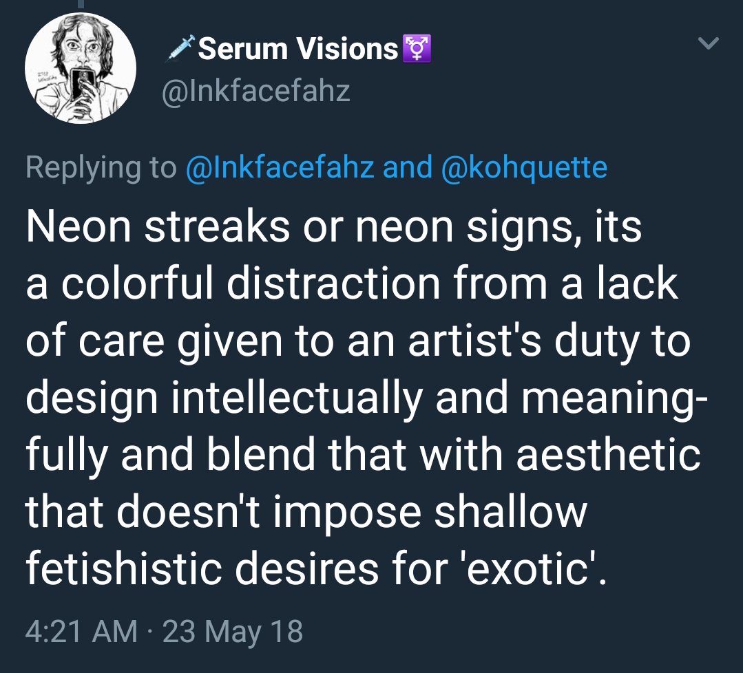 InkfaceFahz's tweet photo. A few thoughts I had about the exoticification/otherizing hair streaks visual stereotype contrasted to another way Western designers only look at 'Asian' if its filtered in neon until theyve eradicated nuance. #cyberpunk #exotification #design #designmeaningfully #alienation https://t.co/Xyn2UrT3zD