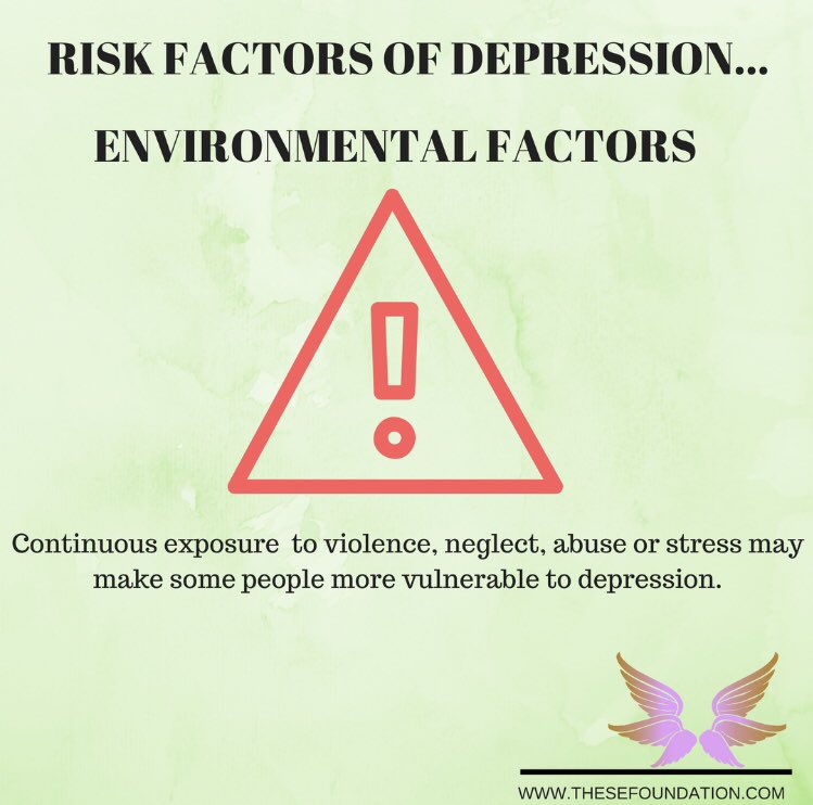 sefoundationng's tweet image. This is one of the most obvious and common risk factors of depression. Exposure to harmful events can trigger predisposition to depression. Be aware! 
#EnvironmentalFactors
#Predisposition
#Depression
#mentalhealth
#mentalhealthawareness 
#Health
#sdg3 
#fightingdepressionwithsef