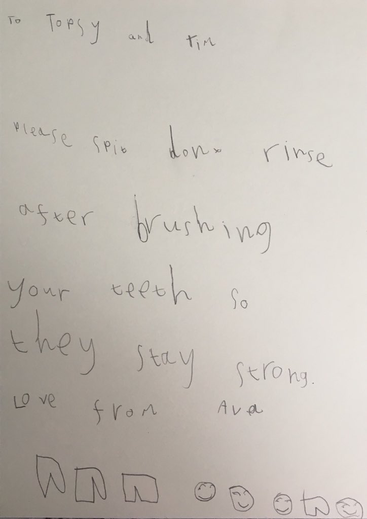 toothfairyblog's tweet image. Please could you forward this letter from Ava (aged 5) to @TopsyandTimTV @CBeebiesHQ so they know how to keep their teeth strong? #SpitDontRinse #ConsistentMessaging 
#DinosaurEggGate