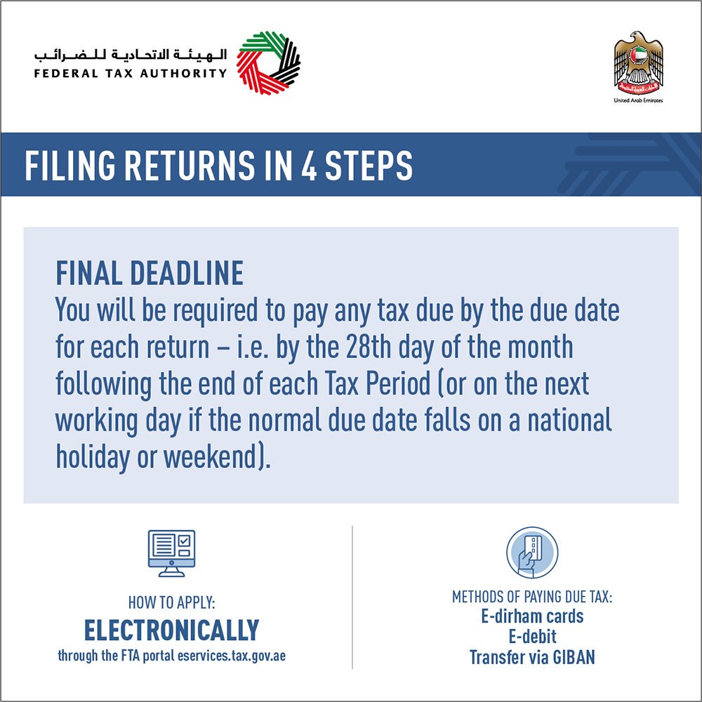uaetax's tweet photo. If you’re required to file VAT returns for the tax period that ended in 30 April 2018, make sure to file your returns before 28th May 2018. #FilingReturnsIn4Steps https://t.co/XcnJk0ca5H