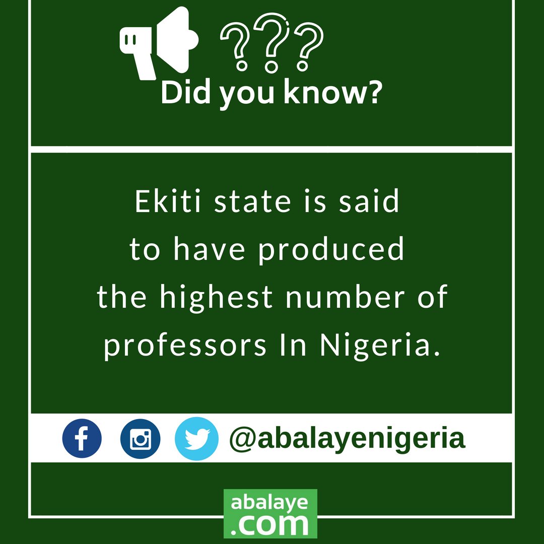 Abalayetv's tweet photo. Ekiti State is said to have produced the highest number of professors in Nigeria.

@ekitistategov @LazyWrita @DidYouKnowFacts @historyinmoment  @falzthebahdguy @realFFK 
#abalaye #history #ekiti #professor https://t.co/vPIqy2XXUk