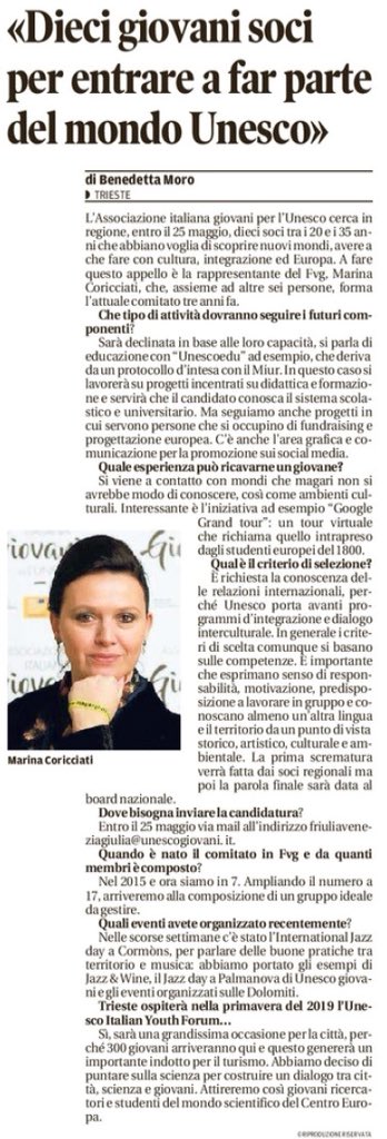 aigu_official's tweet photo. Su @il_piccolo è uscita l’intervista alla Rappresentante #Fvg di #UNESCOgiovani @Mary_Coricciati. Si è parlato delle nostre attività, del bando nuovi soci che scadrà il 25/5 e dell’UNESCO Italian Youth Forum (#UIYF2019) che si terrà a #Trieste. https://t.co/xBAmUrTAmy