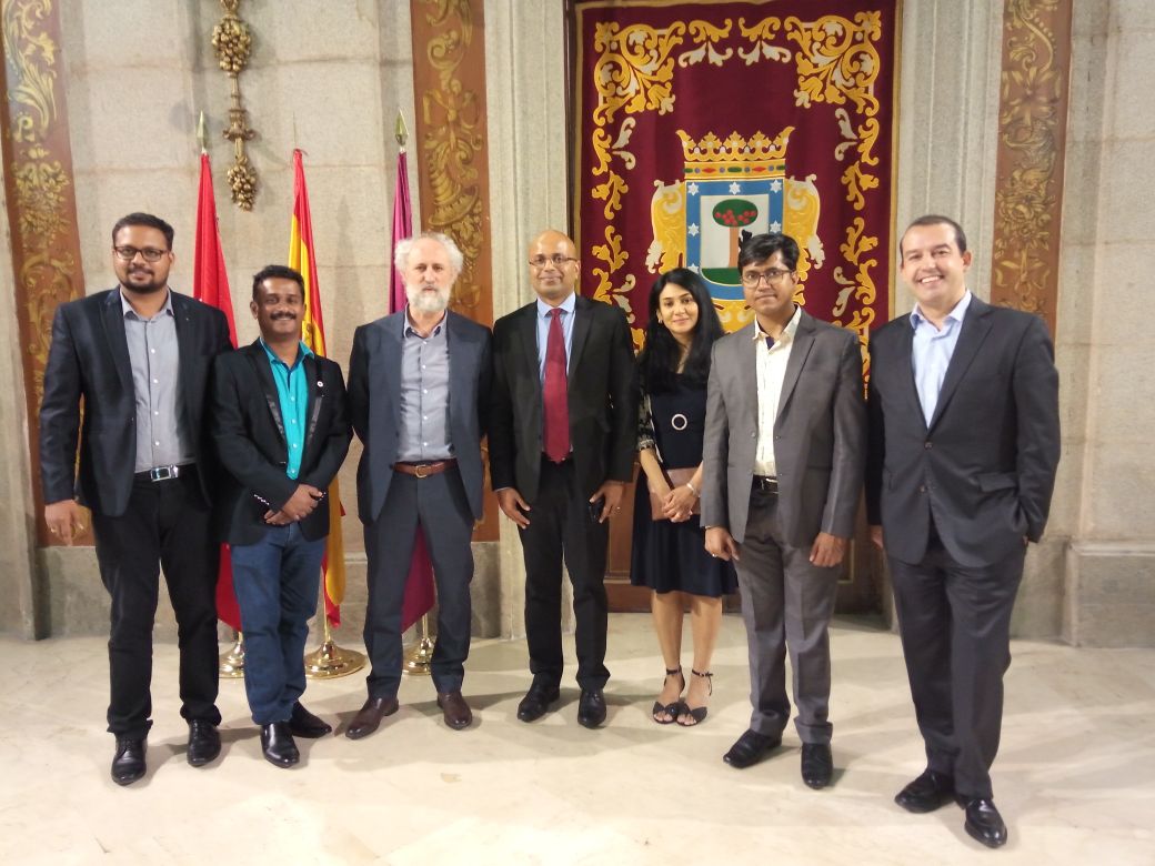 MenervaSoftware's tweet photo. Post the warm reception at the @DES_show by the Madrid City Hall &amp; Mayor of Madrid. Here with @LuisCueto12, Coordinator General, Madrid Mayor's Office and @planasalbert, Director General, Digital Enterprise Show are Menerva Software founders @gee_ramaswamy &amp; @sonygabriel #DES2018 https://t.co/s1G8M5Bb1z