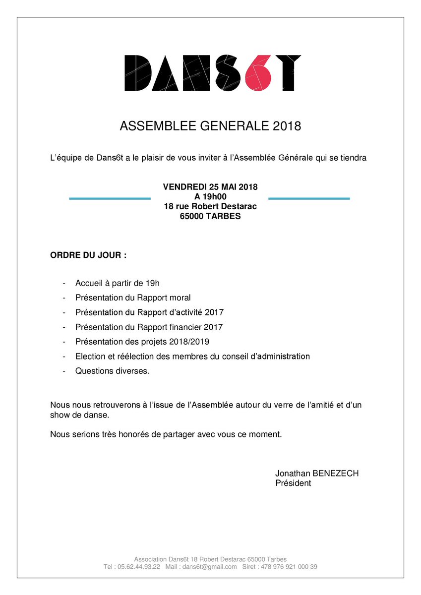 🙂Rejoignez-nous à l'Assemblée Générale qui se tiendra à Dans6t au 18 rue Robert Destarac ce vendredi 25 mai à 19h  ! débat, enjeux, bilan, perspectives de l'association clôturé par un verre de l'amitié et un show de danse.
#invitation #bienvenue #SachezLe  #LT #tarbes