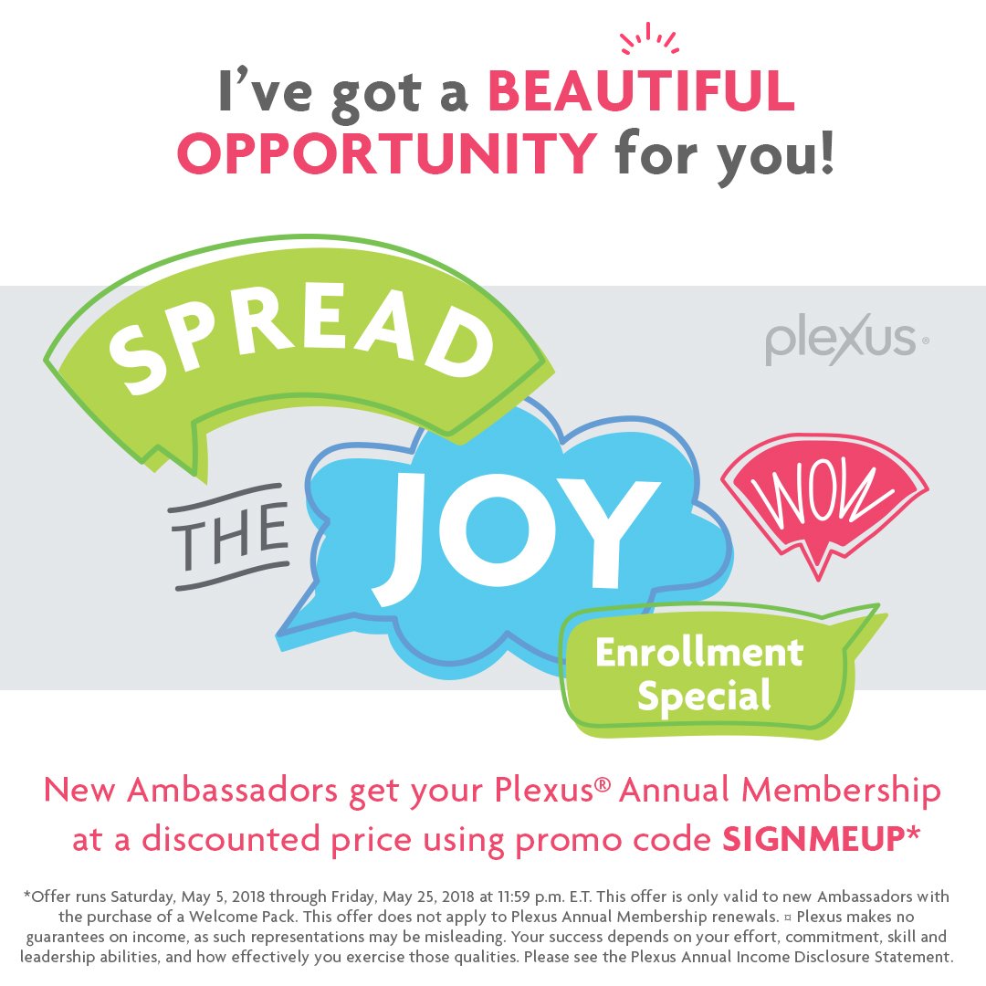 PlexusWorldwide's tweet photo. Purchase a Welcome Pack and your Plexus® Annual Membership is only $9.99. Your Ambassador has the details. Use promo code SIGNMEUP. Valid through 11:59 p.m. ET 5/25/18. Valid to new Ambassadors with purchase of a Welcome Pack. Doesn’t apply to Plexus Annual Membership renewals. https://t.co/N6eEOOhiIj