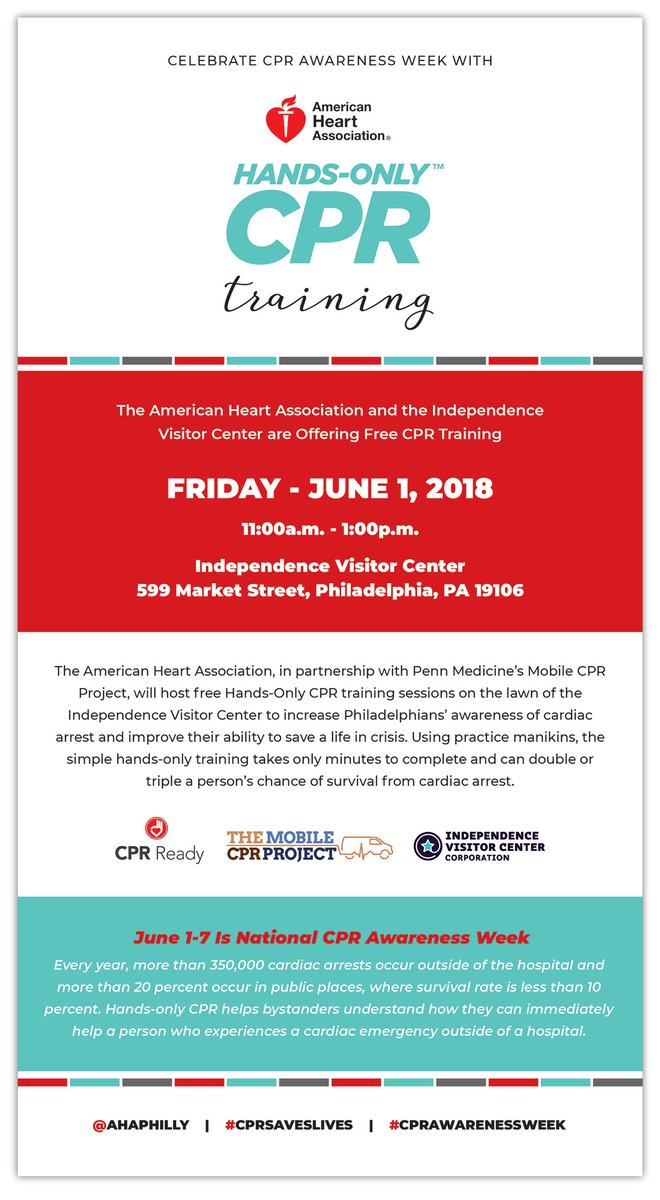 MobileCPR's tweet photo. What better way to kick off CPR Awareness Week than with a free hands-only CPR training at Independence Visitor Center! Join us on June 1st! #mobilecpr #handsonlycpr #cpr #AHA #freetraining #CPRawareness https://t.co/KF5ls0fJL3