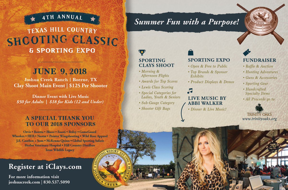 Joshua_Creek_'s tweet photo. Just 17 days away at #JoshuaCreekRanch...register for the clay shoot & dinner event on https://t.co/S6xv4kjOlH. $40K+ in prizes for auction & raffle fundraiser benefitting #TrinityOaks Sponsors include #Orvis #Beretta #Blaser #Briley #Fausti #GameGuard #HEB #TexasWildLife Legacy https://t.co/OnchSHTlJi