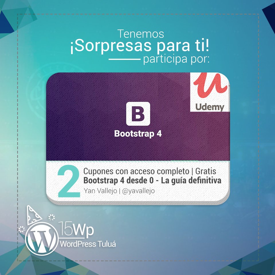 WordPressTulua's tweet photo. Ya estamos muy cerca del aniversario 15 de #WordPress y nosotros como comunidad en #Tuluá nos reuniremos para compartir una tarde agradable 🍕🍻 ,Tenemos 6 Bonos del 100% en #Udemy o la posibilidad de ganarte una asesoría técnica #SEO para tu negocio #wp15 https://t.co/b7DzPsNcN1 https://t.co/6T9NsVlZzt