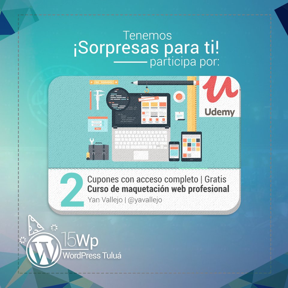WordPressTulua's tweet photo. Ya estamos muy cerca del aniversario 15 de #WordPress y nosotros como comunidad en #Tuluá nos reuniremos para compartir una tarde agradable 🍕🍻 ,Tenemos 6 Bonos del 100% en #Udemy o la posibilidad de ganarte una asesoría técnica #SEO para tu negocio #wp15 https://t.co/b7DzPsNcN1 https://t.co/6T9NsVlZzt