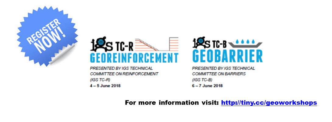 IntGeosynthSoc's tweet photo. Great news from the #IGSWorkshops - the #GeoReinforcement Session is almost at capacity! If you haven't registered yet, please do so soon! https://t.co/81uOy23YkJ #Geosynthetics #Engineering https://t.co/veDhy93fV9