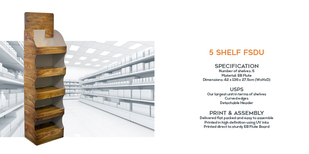 shop4pop's tweet photo. Our 5 Shelf FSDU is printed in high definition on a sturdy EB flute. Each shelf can support a weight of up to 5kg! Find out more information here: https://t.co/LJDV5fqe2F #pointofsale #retaildisplay https://t.co/9xsY5bylLe