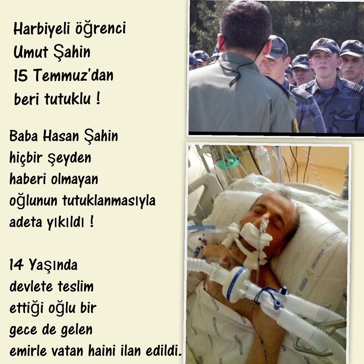 Hava Harp okullu darbe suçlamasından müebbet ceza alan UMUT ŞAHİN #AdaletinOlmadığıYerde savcı izin veriyor ama enniyet " güvenliği sağlayamayacağını " söyleyerek yoğun bakımdaki babasını ziyaret etmesine izin vermiyor. <a href="/adalet_bakanlik/">T.C. Adalet Bakanlığı</a> 
<a href="/MSTanrikulu/">Sezgin Tanrıkulu</a>

#KralÇıplak  #sonbirumut