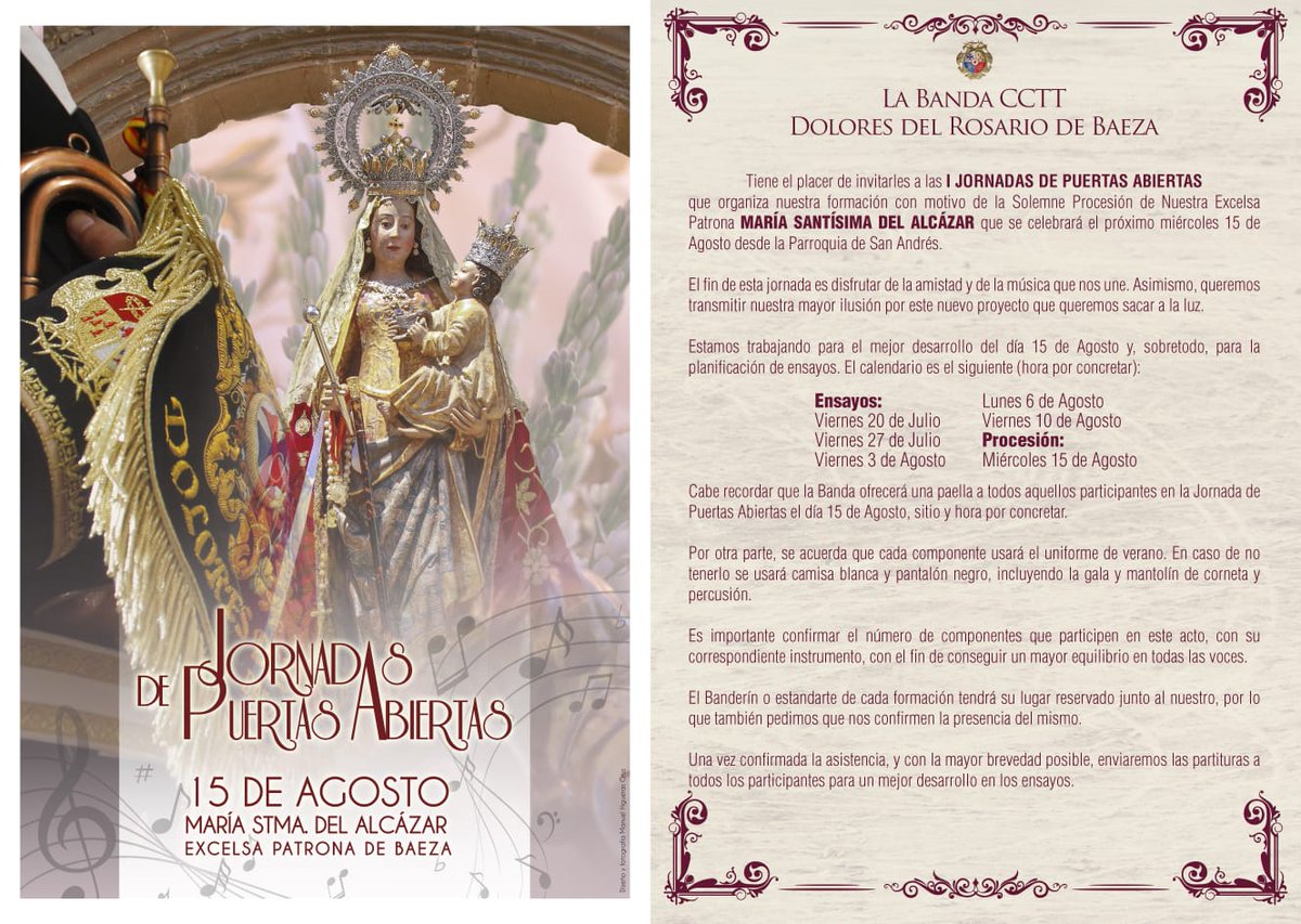 Nos complace anunciar que celebraremos  las I Jornadas de Puertas Abiertas acompañando a Nuestra Excelsa Patrona, Santa María del Alcázar en la noche del próximo 15 de Agosto. Estamos trabajando para que todo se desarrolle a la perfección. Poco a poco iremos informando.