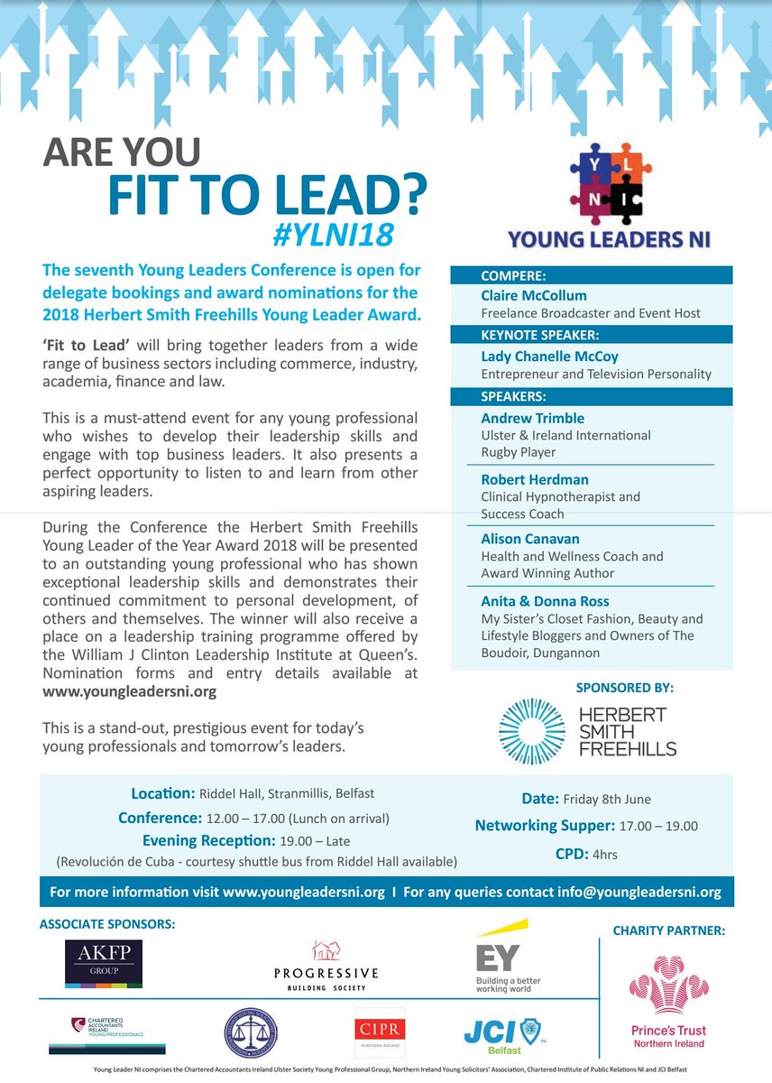LeadersNI's tweet photo. Whos attending the #YLNI18 Young Leaders Conference on Friday 8 June in @QUBRiddelHall??? Kindly sponsored by @HSFlegal @ProgressiveBSoc @EY_Ireland @AKFPGroup. Speakers include @mccoy_chanelle @MSCblog1 @andrew_trimble @alicanavan @robertherdman1 - Book @ https://t.co/hUdU3TQxvU https://t.co/OryUZBsJll