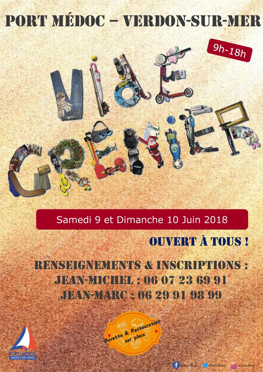 PortMedoc's tweet image. Il reste encore de la place pour vous inscrire à notre #videgrenier du 9 &amp;amp; 10 Juin prochain ! 🤗☀️⚓✨💵💰
Ouvert aux #particuliers comme aux #professionnels!

Coordonnées des organisateurs: 
Jean-Marc : 06 29 91 98 99
Jean-Michel : 06 07 23 69 91

Nous vous attendons nombreux!