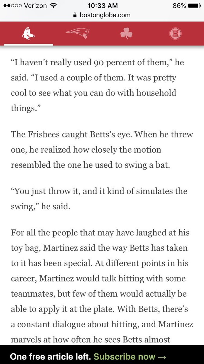 EvanLepler's tweet image. Mookie Betts, current MLB leader in batting average, homers, doubles, runs, and OPS, credits frisbee with helping his swing.
Good story from @julianbenbow: bostonglobe.com/sports/redsox/…