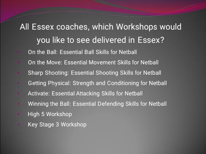 NetballinEssex's tweet photo. Essex coaches and clubs, which coaching workshops would you like to see delivered in Essex? Please comment below or contact me via email at louise.davey@englandnetball.co.uk #netballcoach #Netball #netballfamily #makethegame #essex #essexnetball https://t.co/lTHI2taCcV