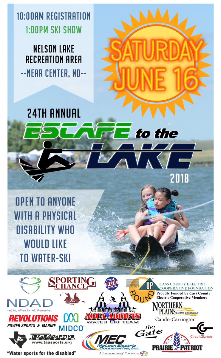 NDAD4YOU's tweet photo. Saturday, June 16, at #NelsonLakeRecreationArea near #CenterND, in #OliverCounty. #Adaptiverecreation on water for adults & children with #physicaldisabilities. This is how we Escape! #EscapetotheLake #waterski #NorthDakota #NDAD #SportingChanceND #disabilities #Bismarck #Mandan https://t.co/FuWfp9CBZ3