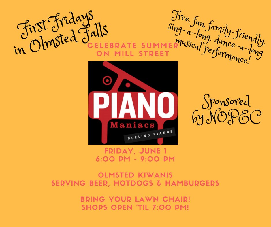 Come join the party on June 1 on Mill Street in Olmsted Falls!

#firstfridaysolmstedfalls #somuchfun #historicolmstedfalls